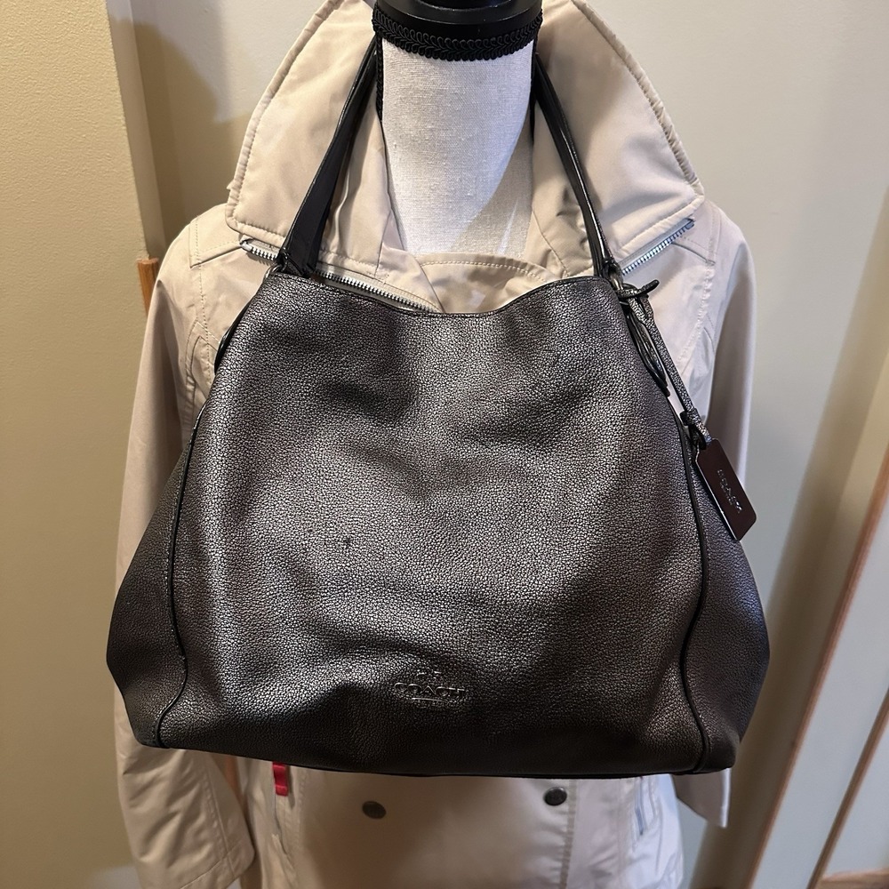 Coach Edie 31 Gunmetal Metallic Pebbled Leather Shoulder Bag Silver Turn Lock